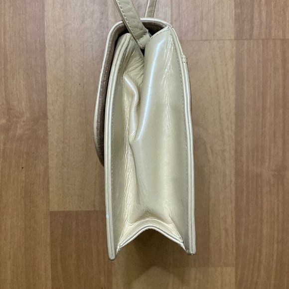 Vintage Theodora Cream Leather and Tan Canvas Accent Crossbody Bag Made in USA - Picture 6 of 9